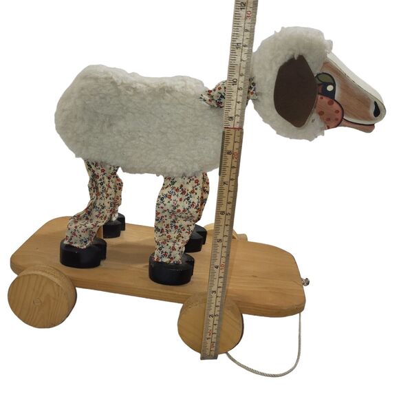 Vintage Wooden Painted Lamb Sheep Pull Toy Wheels Handmade Folk Art 1981 12" - Picture 15 of 16